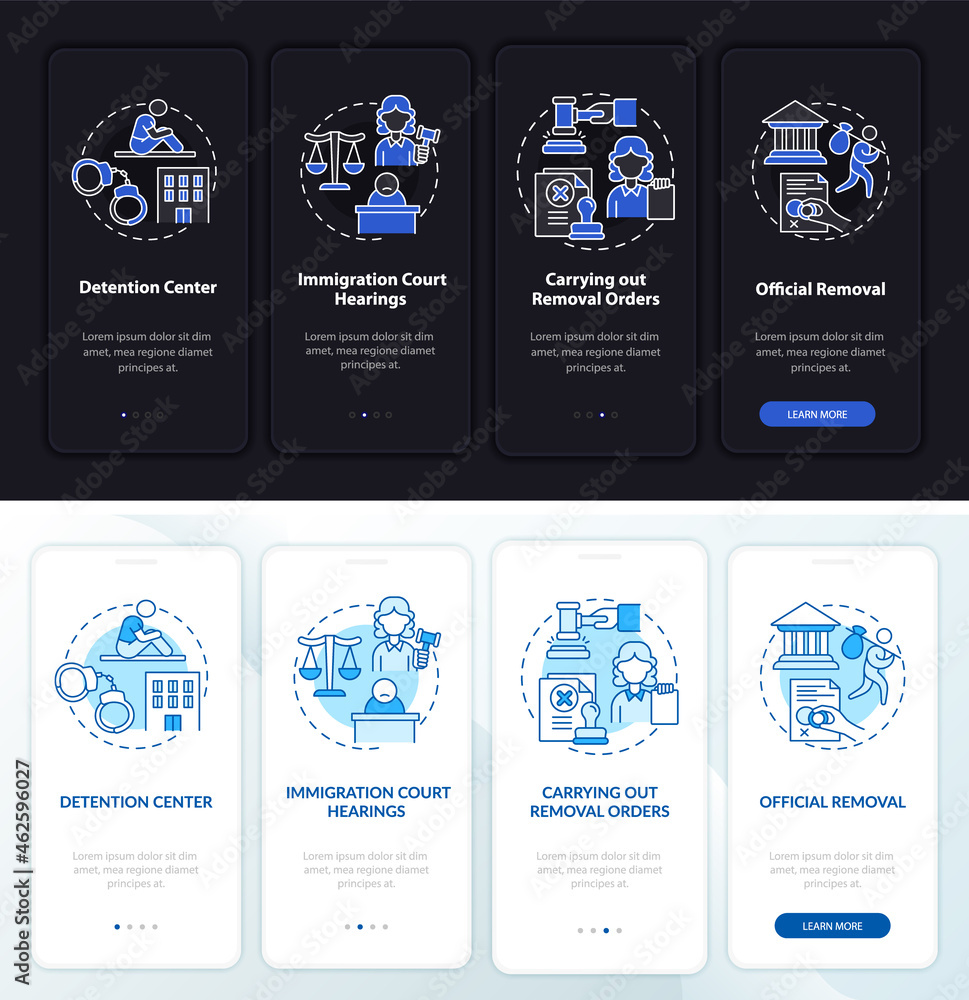 Poster deportation steps onboarding mobile app page screen. official removal walkthrough 4 steps graphic in