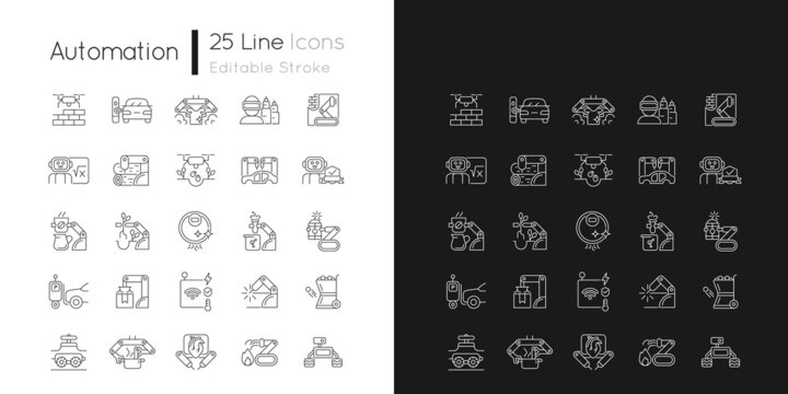 Automation linear icons set for dark and light mode. Advanced manufacturing. Improve everyday life. Robotic arms. Customizable thin line symbols. Isolated vector outline illustrations. Editable stroke