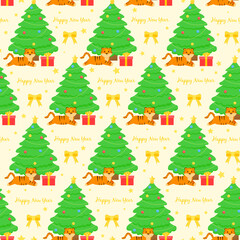 This is a seamless pattern with a Christmas tree, lion on a light background. Wrapping paper.
