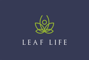 Simple Minimalist Human Yoga with Lotus or Cannabis Marijuana Leaf Logo Design Vector