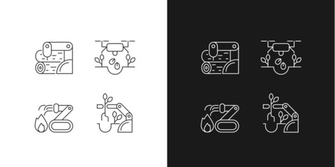Automation for wellbeing linear icons set for dark and light mode. Wood processing. Drones for planting. Customizable thin line symbols. Isolated vector outline illustrations. Editable stroke