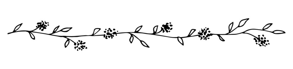 Naklejka premium Simple hand-drawn vector drawing in black outline. Horizontal long flower garland isolated on white background. Twig, leaf and flower border for spring summer design. Delicate ornament for invitations