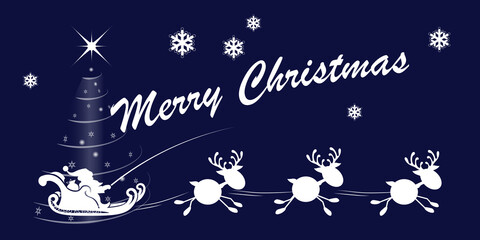 Christmas blue drawing, Santa Claus rides in a sleigh with little reindeer