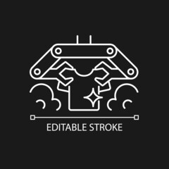 Naklejka premium Laundry robot white linear icon for dark theme. Folding, washing clothes with robotic arms. Thin line customizable illustration. Isolated vector contour symbol for night mode. Editable stroke