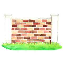 Brick wall with grass background illustration for decoration on home design concept.