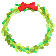 Green leaf wreath with red bow watercolor for decoration on Christmas holiday events.