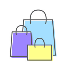Icon with three shopping bag. Shop logo with three colorful bags, emblem, flat logotype for template. 