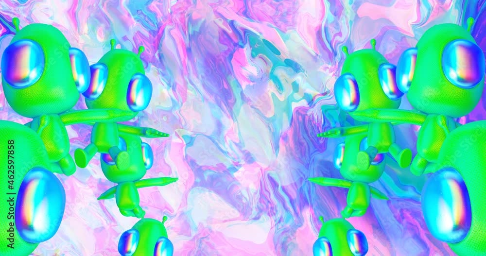 Wall mural 4k minimal motion design. 3d animation loop. funny alien in abstract cosmic space.