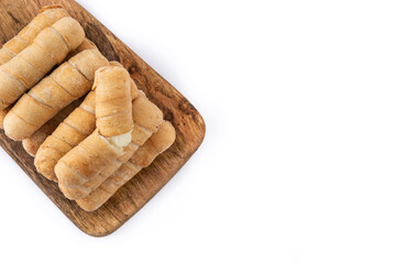 Latin American tequeños stuffed with cheese isolated on white background. Copy space