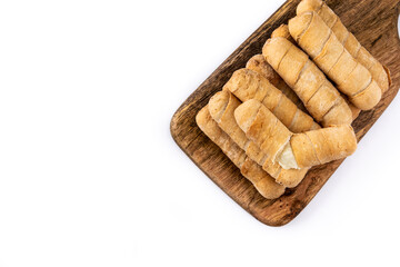 Latin American tequeños stuffed with cheese isolated on white background