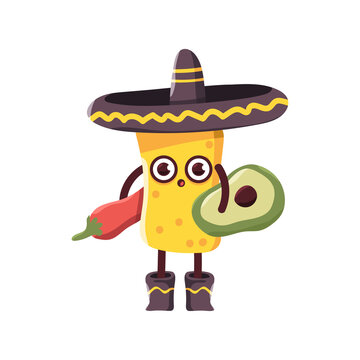 Cute burrito in sombrero with chili pepper and avocado vector cartoon mexican food character isolated on a white background.