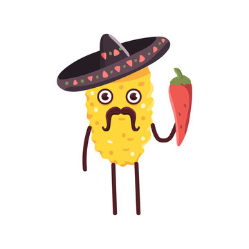 Funny corn cob in sombrero vector cartoon character isolated on a white background.