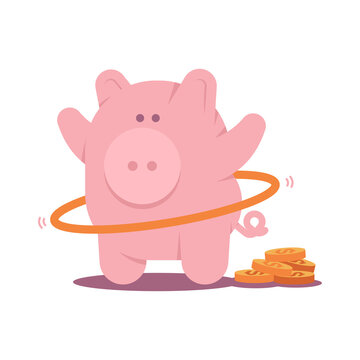 Cute piggy bank with hula hoop and coins vector cartoon character isolated on a white background.