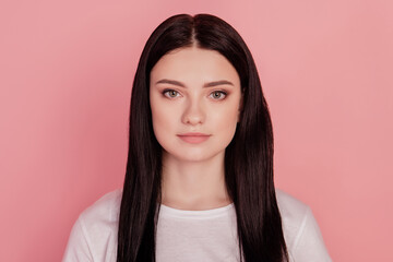 Fototapeta premium Photo of charming pretty cute nice lady look camera isolated on pink color background