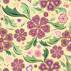 Zelfklevend Fotobehang Abstract flowers random seamless pattern. Pretty ornamental floral motifs irregular repeat surface design. Pastel colors embroidery style endless texture. Greeting card or notebook cover background. © Constellaurum