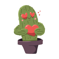 Cute cactus in pot with red heart vector cartoon character isolated on a white background.