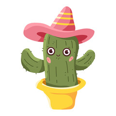 Cute cactus in pot in sunhat vector cartoon character isolated on a white background.