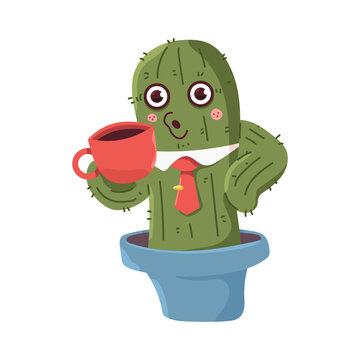 Cute cactus in pot drink coffee vector cartoon character isolated on a white background.