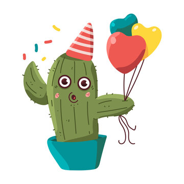 Cute cactus in pot celebrating birthday vector cartoon character isolated on a white background.
