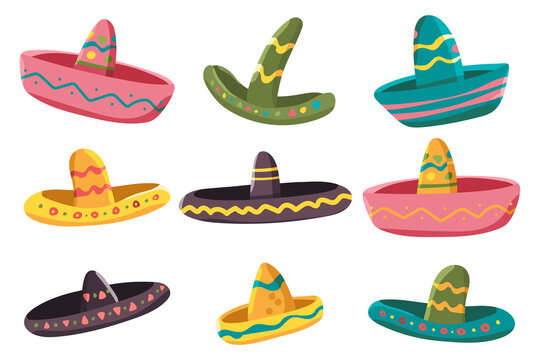 Mexican sombrero hat vector cartoon set isolated on a white background.