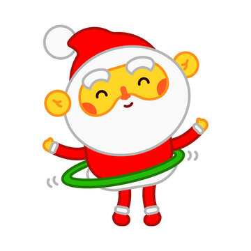 Funny Santa Claus doing exercise with hula hoop vector cartoon character isolated on a white background.
