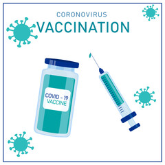 Coronavirus vaccination. Poster on white background with syringe and vaccine.