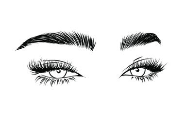 Sexy trendy look for logo, print, fashion template, eyelash extension. Precise lineart in vector. Luxe long eyelashes with detailed eyebrows. 

