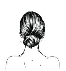 Woman with stylish classic bun. Illustration of business hairstyle with natural long hair. Hand-drawn idea for gretting card, poster, flyers, web, print for t-shirt. - obrazy, fototapety, plakaty