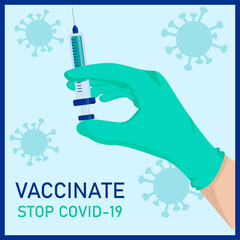 Coronavirus vaccination. Stop Covid 19. Poster hand with syringe.
