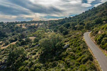 Fototapeta na wymiar Aerial drone view landscape Jerte valley, Extremadura, Spain. Urban life concept.