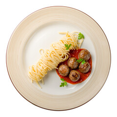 Spaghetti with meatballs and tomato sauce on plate top view isolated on white background