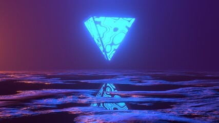 3d rendering, abstract blue neon background, esoteric triangular portal and reflection in the water
