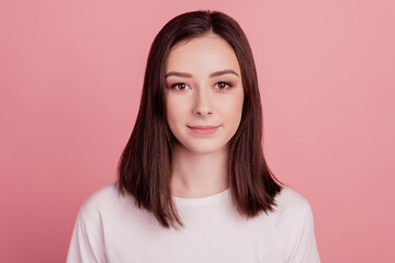 Fototapeta premium Portrait of nice attractive girl happy positive smile wear casual style outfit isolated over pink color background