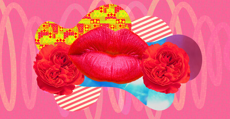 Contemporary minimal  collage banner art. Lips in creative abstraction. Cosmetics, lipstick  concept