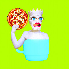 Contemporary minimal pop surrealism collage art. Funny greek statue holding yummy pizza. Calories, diet, pizza addictions concept