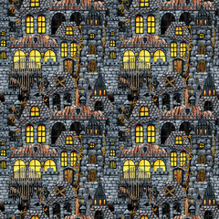 Gothic castle seamless pattern, halloween horrible house and banquet hall. Hand drawn watercolor illustration isolated on white white. Haunted house, landscape, landscape for Halloween holiday design