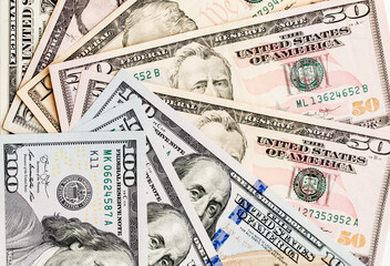 Money US dollars banknotes, a lot of different money. Bitcoin exchange for dollar inflation. Worldwide cryptocurrency and digital payment system. Availability