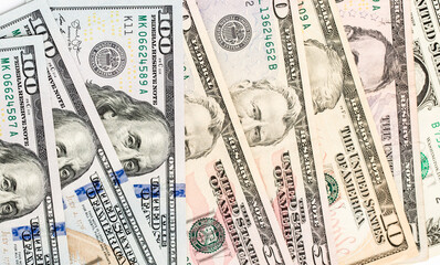 Money US dollars banknotes, a lot of different money. Bitcoin exchange for dollar inflation. Worldwide cryptocurrency and digital payment system. Availability