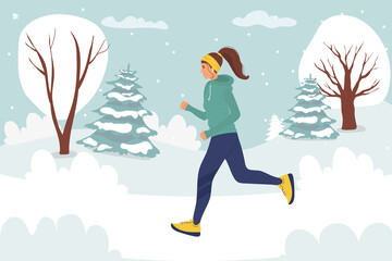 Running sporty woman in a jacket, warm clothes ON WINTER lanscape. young girl goes in for sports. flat style vector design illustrations. cartoon