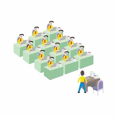 An illustration of the atmosphere of computer practice in a school, suitable for business and educational books and magazines as well as for other business purposes.