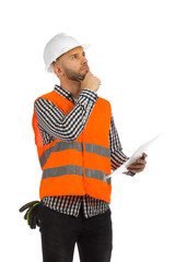 Engineer in white helmet and reflective waistcoat is looking away and thinking. Isolated.