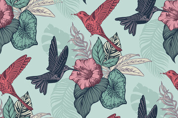 Beautiful seamless pattern with tropical flowers, hummingbird, jungle palm, monstera, exotic leaves. © natality