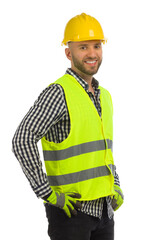 Smiling construction worker in reflective clothes. Isolated.