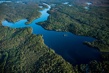 Aerial view of lake hidden amongst thick lush forest.