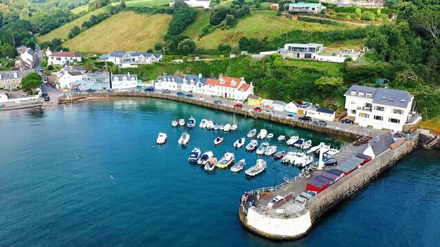 Aerial view of Rozel Harbour at high tide