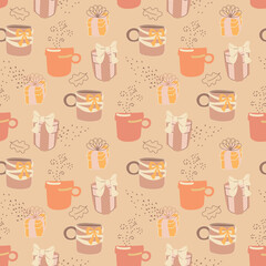 Gift boxes. Vector seamless pattern in doodle style for greeting cards, invitations, wrapping paper, wallpapers, backgrounds.