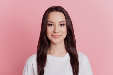 Fototapeta premium Photo of young attractive lady good mood skin care perfect hydration isolated over pink color background