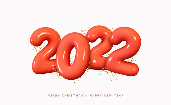 2022 Happy New Year. Number made of plastic in cartoon style. Christmas decoration. Realistic 3d render red sign. Celebrate party 2022. Xmas Poster, banner, cover card, brochure, flyer, layout design