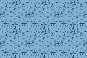 Many blue cold flakes elements on snowflakes in various forms. Snow flakes, snow background. Vector hand drawn seamless pattern. New year ornament. Nice element for Christmas banner, cards.