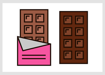 Tile set dark chocolate bar bitten by pieces. Vector illustration of empty packaging for filling and other food design elements. A bright dessert for children's wallpaper.